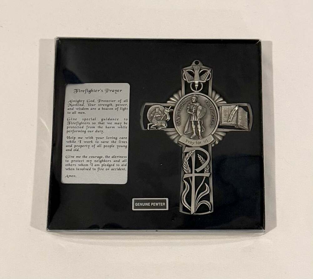 Jeweled Cross Saint Florian Firefighter's Prayer 5" Pewter Wall Cross